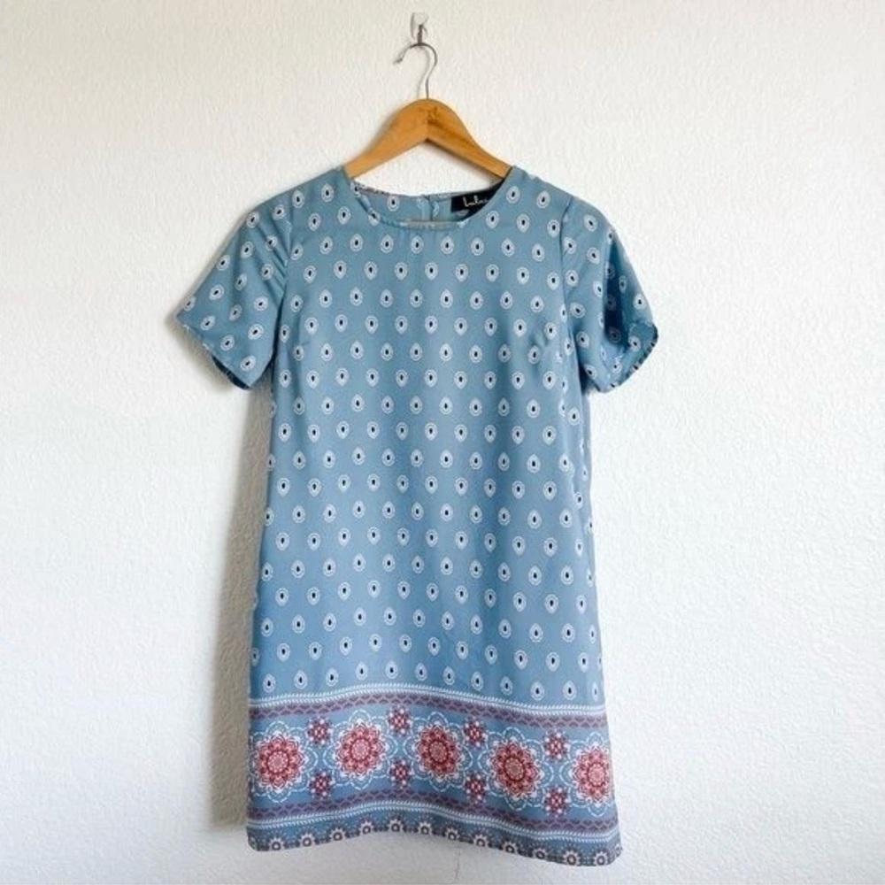 Lulu's Secret Paradise Blue Print Shift Mini Dress  Women's Small Boho Classy